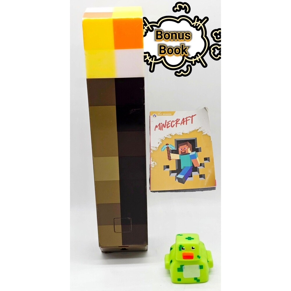 MINECRAFT 11" Light-Up Torch Lamp, Creeper Squishy Toy, & Top Brands Book LOT
